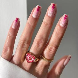 Valentines Press on Nails Medium Coffin SWEKKE Nude Fake Nails False Nails with Designs Pink Gradient Heart Glossy Glue on Nails Valentine's Day Acrylic Nails for Women Girls 24 Pcs