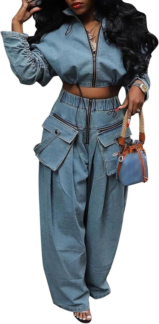 KANSOON Women Denim Set Jean 2 Piece Outfit Cargo Zip Long Sleeve Crop Jacket Wide Leg Pant Drawstring Loose Fit (Blue, S)