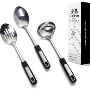Stainless Steel Serving Spoons Set  Includes Slotted Spoon, Serving Spoon & Soup Ladle, Heat-Resistant, Dishwasher Safe, Ergonomic Handles for Home & Commercial Use
