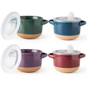 AmorArc 24 Ounces Soup Bowls with Large Handles and Lids, Stoneware Bowls Set of 4 for Soup, Cereal, Stew, Noodle, Colourful Ceramic Kitchen Bowls, Microwave&Dishwasher Safe, Multicolor