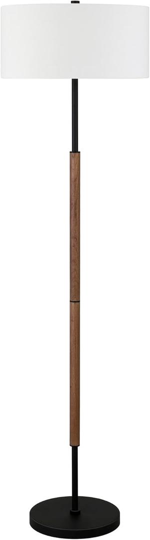 Henn&Hart 2-Light Floor Lamp with Fabric Shade in Blackened Bronze/Rustic Oak/White, Floor Lamp for Home Office, Bedroom, Living Room, 61" Tall
