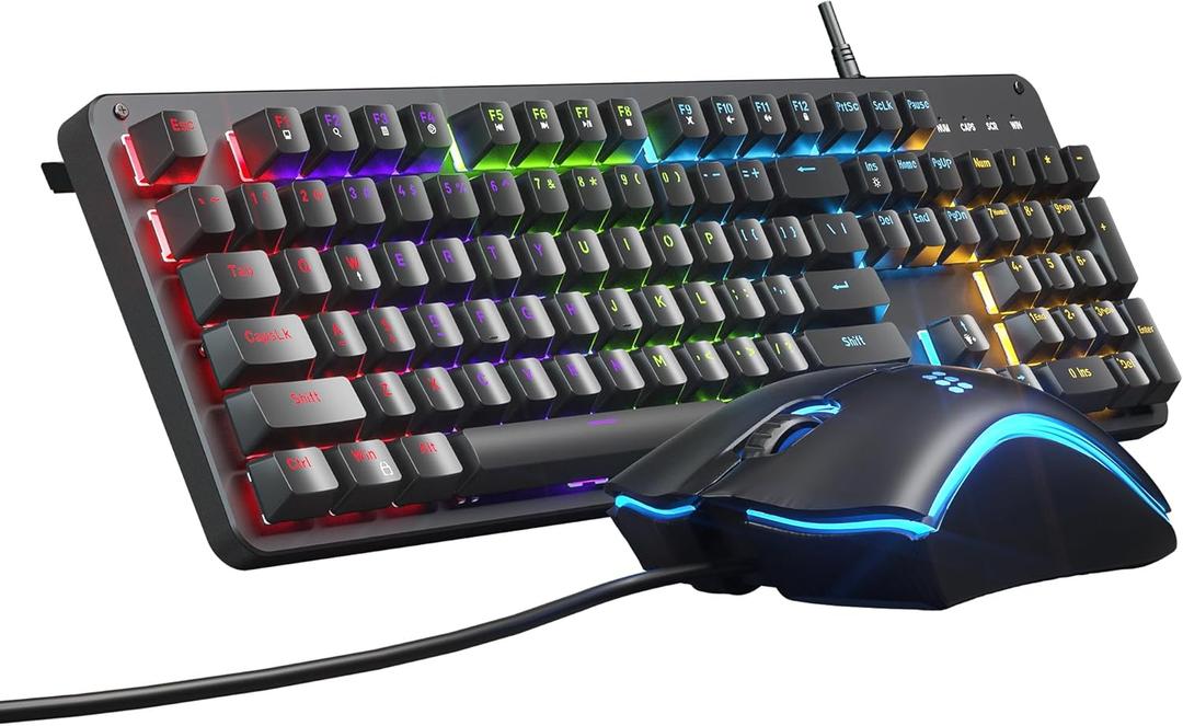 Taiahiro Mechanical Gaming Keyboard and Mouse, Full Anti-Ghosting, Wired Keyboard with Mouse Pad, 104-Key Full Size Rainbow Backlit Computer Keyboard with Blue Switch, Black