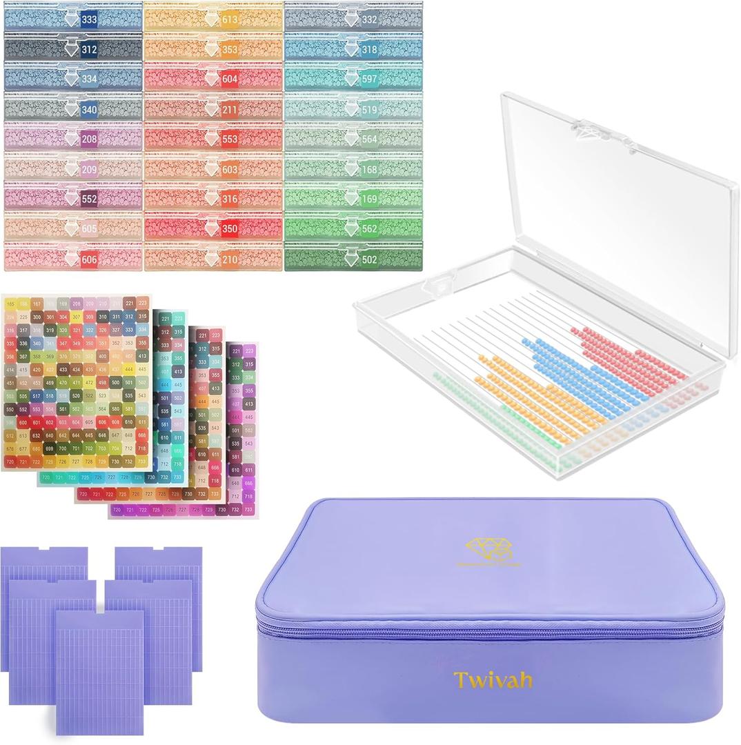 Twivah 27 Pcs Diamond Art Storage with Bag, 2-in-1 Diamond Art Trays Container with Lids, Diamond Painting Accessories with Color Stick, Diamond Art Kits for Adults & Kids Christmas, Birthday (Purple)