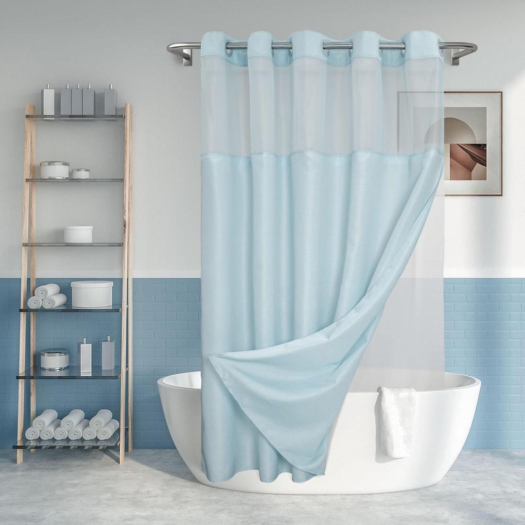 No Hook Slub Textured Shower Curtain with Snap-in PEVA Liner Set - 71" x 74"(72"), Hotel Style with See Through Top Window, Machine Washable & Water Repellent, Blue, 71x74