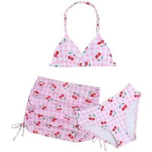 COOLOYA Girl's 3 Piece Swimwear Set Halter Cute Print Bikini Bathing Swim Suits with Beach Skirt Coverup, 140
