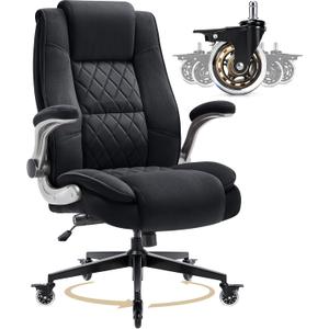 Fabric High Back Office Chair, Thick Padded Ergonomic Computer Desk Chair | Lockable Quiet Casters, Adjustable Lumbar Support & Flip-Up Arms, 400LBS Capacity, Wide Executive Chair for Back Pain, Large