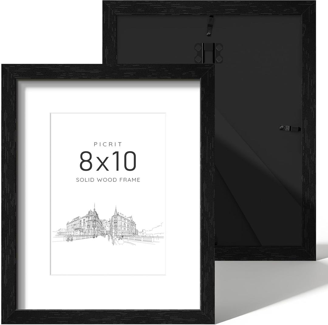 Picrit 8x10 Picture Frame Set of 2, Solid Wood and Black Backboard, Displays 5x7 with Mat or 8 x 10 Without Mat, Tabletop & Wall Mounted, Multi-Piece Wall Gallery Photo Frames for Home Decor, Black Wood Grain