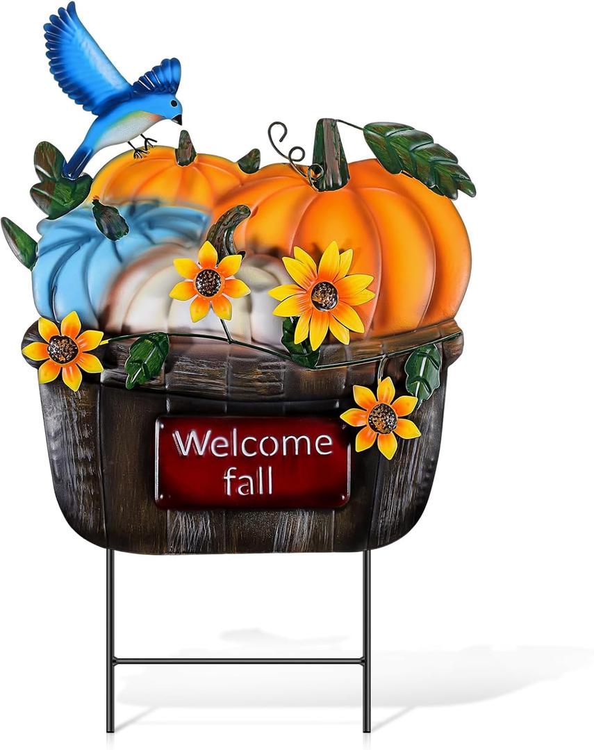 Thanksgiving Outdoor Decorations Metal Pumpkin Yard Stakes with Sunflower Pumpkin Welcome Fall Sign for Home Outside Garden Lawn Porch Thanksgiving Decorations