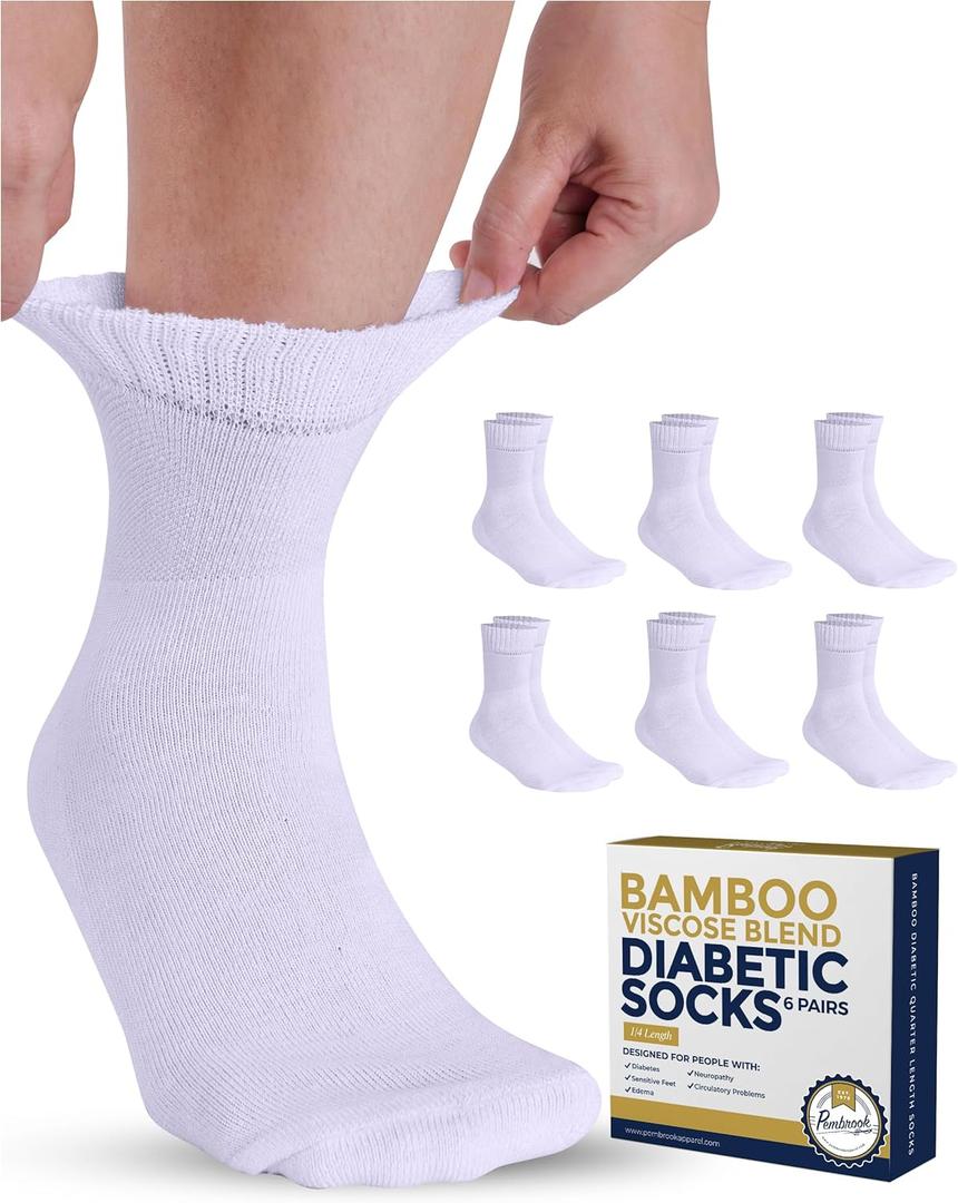 Pembrook Bamboo Viscose Diabetic Socks - 6 Pairs Ankle Socks for Women & Men, Swollen Feet & Neuropathy | Non-Binding (Large, White - 6 Pairs)