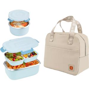 18/8 Stainless Steel Bento Box, Bento Lunch Box with Soup Bowl for Kids and Adults, Food Containers with Bag for Office or School, Pink (Blue)