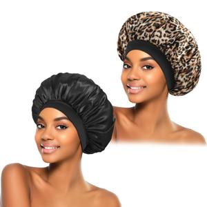 2Pcs Satin Bonnet for Sleeping, Silk Hair Bonnets, Soft Elastic Band Silk Sleep Cap, Silk Hair Wrap for Curly Hair (Black Leopard)