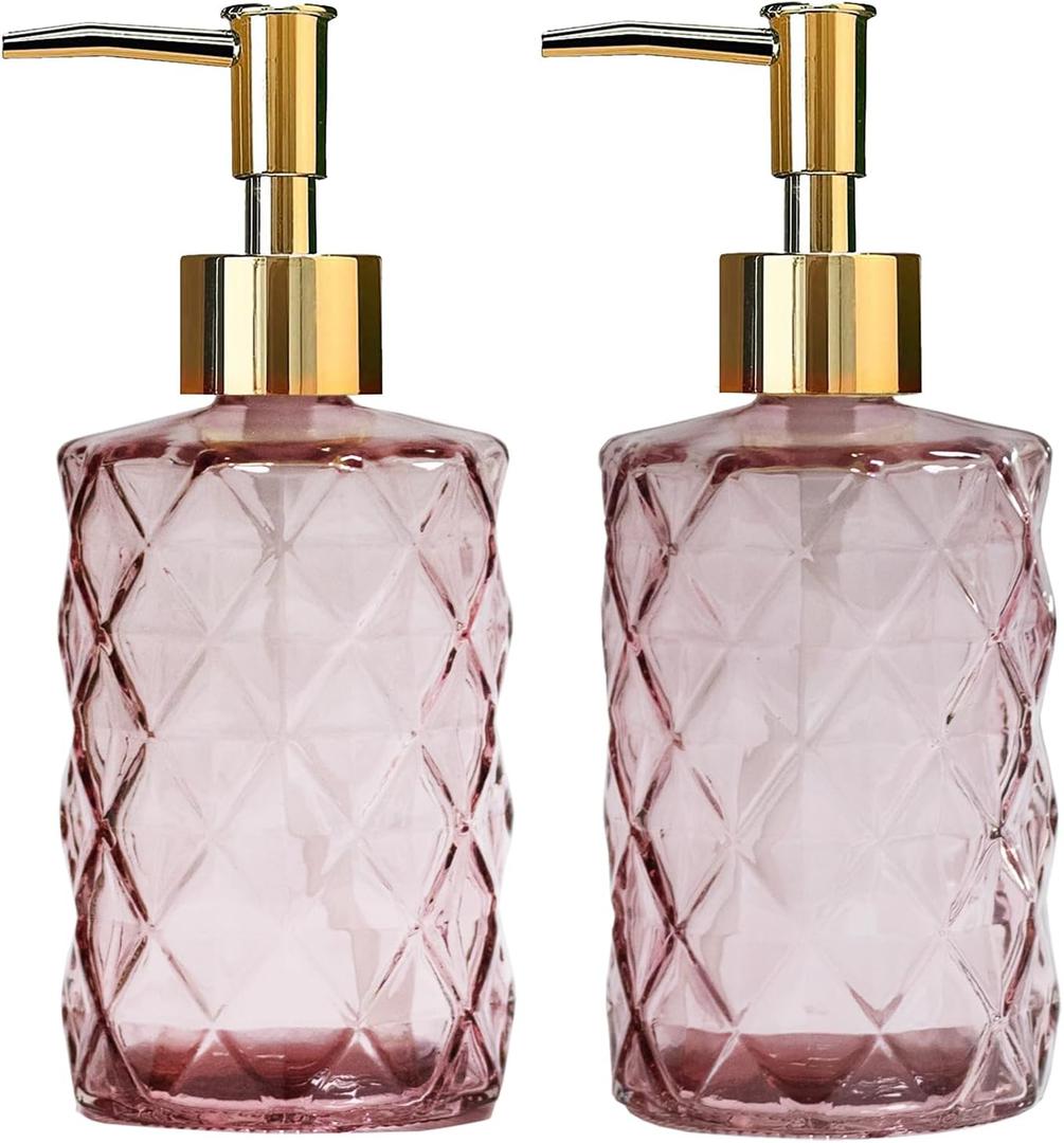Glass Soap Dispenser with Gold Plastic Pump, 12oz Refillable Liquid Hand Soap Dispenser, 2 Pack Crystal Lotion Bottle for Modern Home Decor, Bathroom, Kitchen Countertop, Hotel (Rose Red)