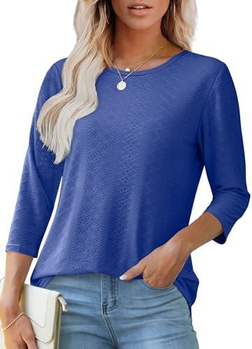 OFEEFAN 3/4 Length Sleeve Womens Tops Dressy Casual Round Neck Loose Fit Casual Eyelet Shirts Size L