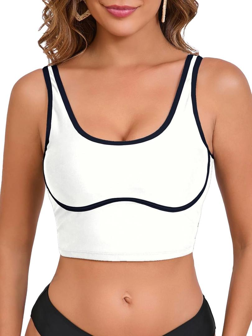 Women's Bikini Tops Push Up Swim Tank Top Full Coverage Bathing Suit Tops White Tankini Swimsuit Top Cropped Swimwear Midkini Bra Only, XS