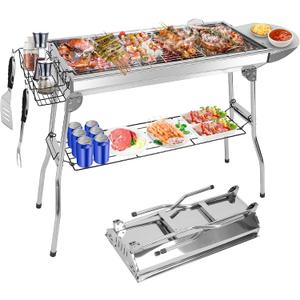Portable Charcoal Grill, Large Stainless Steel Folding BBQ Grill with Storage Shelf, Foldable Barbecue Grill for Outdoor Cooking Camping Hiking Backyard Garden Picnic Parties Kabob (39x13.4x28 Inch)