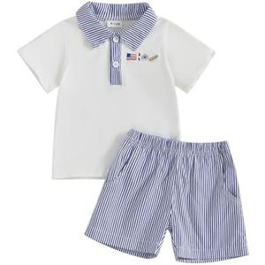 Dewadbow Baby Boy Girl 4th of July Outfit Short Sleeve American Flag Embroidery Polo Shirt Striped Shorts Summer Clothes, 18-24M