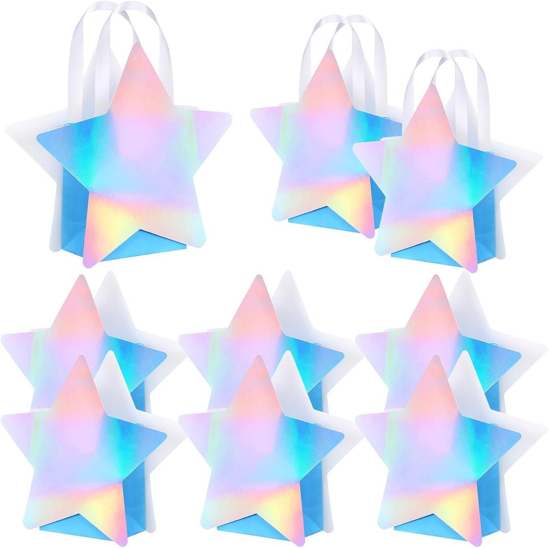 Sweetude 24 Pcs Star Shaped Party Favor Bags with Handle Mini Iridescent Paper Gift Goodie Bags for Holiday Wedding Birthday Party Supplies
