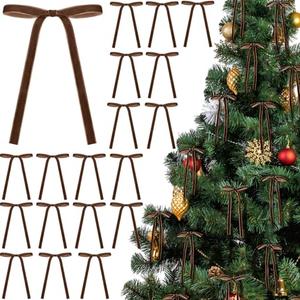 Glitinsel 24 Pcs Velvet Bows Christmas Tree Ornaments Vintage Velvet Ribbon Bows for Tree Garland Wreath Indoor Xmas Decorations(5 x 7 Inch, Width of 3/8",Brown)