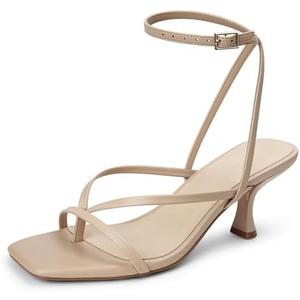 LOOPCHARM Women's Kitten Heel Strappy Open Square Toe Thong Ankle Strap Heels for Wedding 9