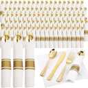 Supernal 120Pack Gold Plastic Silverware Wrapped Plastic Cutlery Set with Napkin,Pre Rolled Napkins with Cutlery Set,Rolled Silverware Disposable For Valentine's Day Mother's Day and Easter