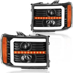 LED DRL Headlight Assembly Fit 2007-2013 GMC Sierra 1500/2007-2014 GMC Sierra 2500 3500(NOT Fit 2007 Classic Style) Projector Headlights Left Right Side Black Housing Amber Reflector