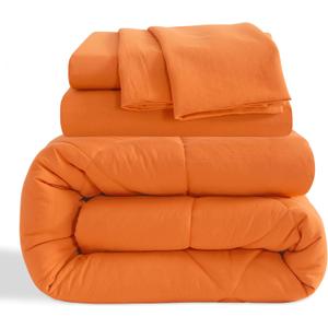 Twin Size Comforter Set, 5 Pieces Soft Bedding for All Seasons, Bed in A Bag, Kids Bedding Set with 1 Comforter, 1 Fitted Sheet, 1 Flat Sheet, 2 Pillowcases, Orange