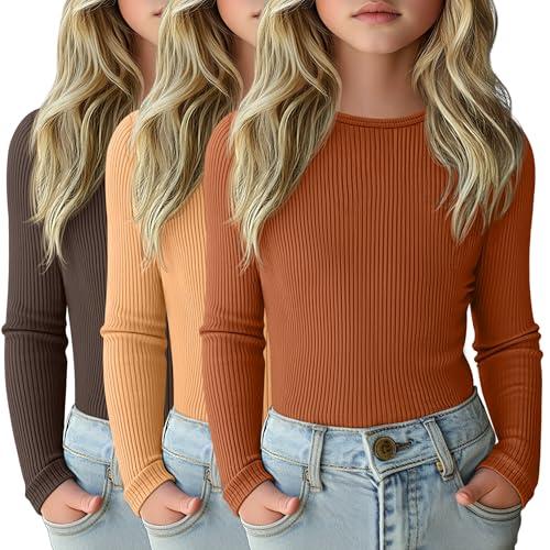 LessonZoo 3 Pack Girls Long Sleeve Shirts Ribbed Knit Cotton Layering Tops Slim Fit Crewneck Casual Undershirts(Chocolate, Ginger Yellow, Pumpkin,XL)