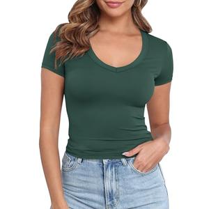 PALINDA V Neck Slim Fitted Shirts for Women Basic Casual Short Sleeve T Shirts Going Out Tops Sexy Y2K Tees(Dark Green XL)