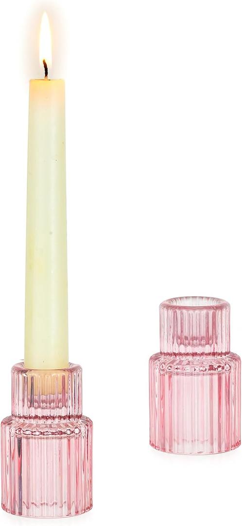 Glasseam Glass Tapered Candlestick Holders: 2 Pcs Ribbed Pink Candle Sticks Holder Decor Modern Fluted Taper Candle Holders for Table Centerpiece Pink Wedding Decor Valentine Dinner Parties