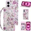 UEEBAI Wallet Case for iPhone 16, PU Leather Phone Cover Kickstand RFID Blocking Flip Case Card Slots Wrist Strap Relief Engraved Pattern Magnetic Closure Flower Folio Wallet, Violet