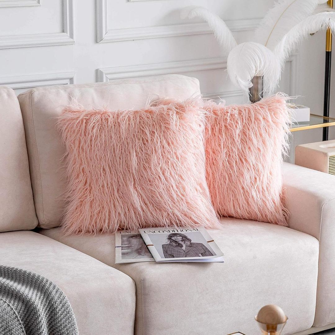 Home Brilliant Blush Pink Pillow Covers 18x18 Pillow Cover Faux Fur Throw Pillow Covers Fuzzy Fluffy Pillows Accent Throw Pillows for Couch Room Girl, Set of 2, 18 X 18 Inch, Pink