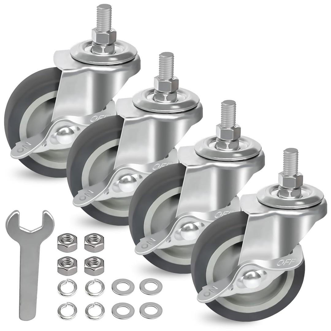 AAGUT 3 Inch Caster Wheels,Rubber Heavy Duty M12x1.5 Threaded Stem Mount Industrial Castors Metal Swivel Wheel,Replacement for Workbench,Carts,Furniture,Dolly,Trolley, Set of 4 with Locking Brakes