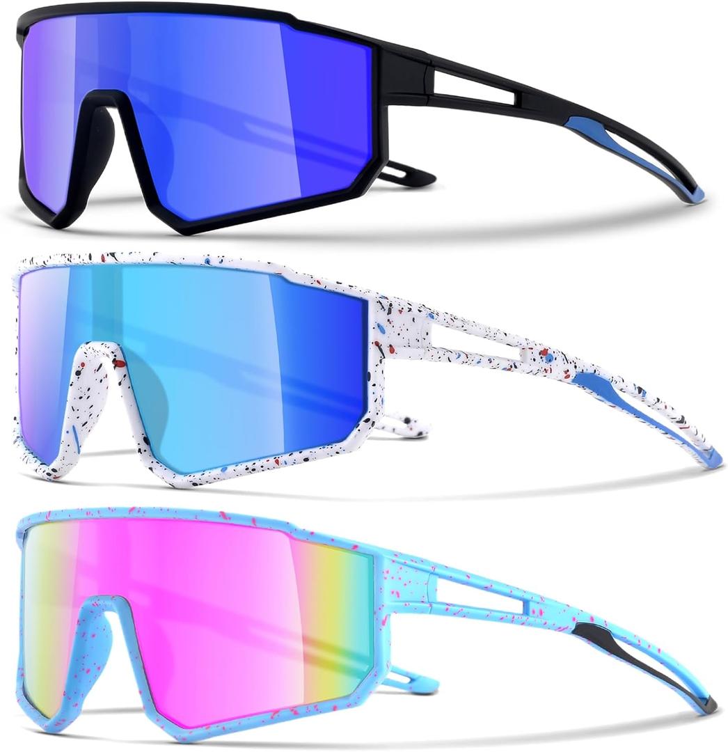 3PACK Kids Sunglasses for 6-14 Boys Girls, Youth Baseball and Cycling UV400 Protection Goggles (3pcs-black Blue+white Blue+blue Pink-k01)