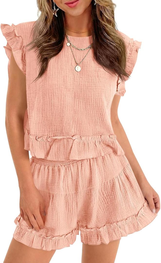 Cicy Bell Womens Summer 2 Piece Sets Ruffle Cap Sleeve Crewneck Cropped Tops Elastic Waist Shorts 2026 Lounge Outfits (S, Pink)