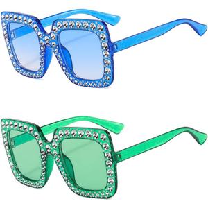 IKANOO Oversized Crystal Sunglasses for Women Square Thick Frame Bling Rhinestone Sparkling Glasses (Blue+Green)