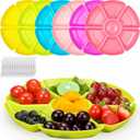 Zhehao 6 Pcs Plastic Divided Serving Trays with 60 Pcs Disposable Fork, 7 Compartments Round Chip Dip Plate, Petal Shape Platter, 10.6'' Snacks Serving Dish for Party Candy Nuts Fruits (Bright Color)