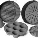 EM Set of 5 Silicone Air Fryer Liners with Egg Bite Mold, Waffle Mold & Mitts - 7.5 Round Reusable Silicone Inserts for 3-5 Qt Airfryers - Easy to Clean & Heat-Resistant Air Fryer Accessories Set