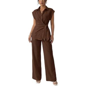 Women's Going Out Two Piece Sets Cap Sleeve Tie Waist Button Down Shirt Wide Leg Pants Dressy Casual Outfits (Brown, M)