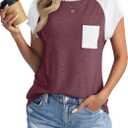 Womens Cap Sleeve Crew Neck T Shirts Loose Fit Short Sleeve Shirts Casual Summer Tops 2025 (XX-Large), Burgundy White