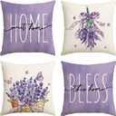 AVOIN colorlife Lavender Home Sweet Home Bless This Home Spring Throw Pillow Covers, 16 x 16 Inch Purple Cushion Case for Sofa Couch Set of 4