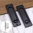 2 x Rectangle Pocket Door Lock, 304 Stainless Steel Privacy Pocket Door Hardware, 5 7/10 inch*1 7/10inch Matte Black Sliding Pocket Door Handle,for 1 3/8 to 2 3/16 Thickness Door