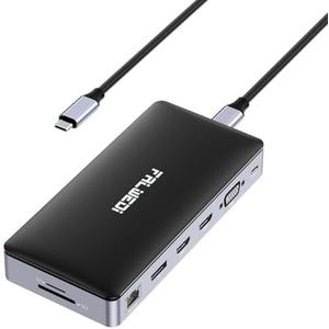 USB C Laptop Docking Station, 15 in 1 Dock with 4K Triple Display Multiport Adapter and 3 Monitors Compatible for Dell/Surface/HP/Lenovo (Dual HDMI, DP, VGA, USB Ports, RJ45, SD/TF, Mic/Audio, PD)