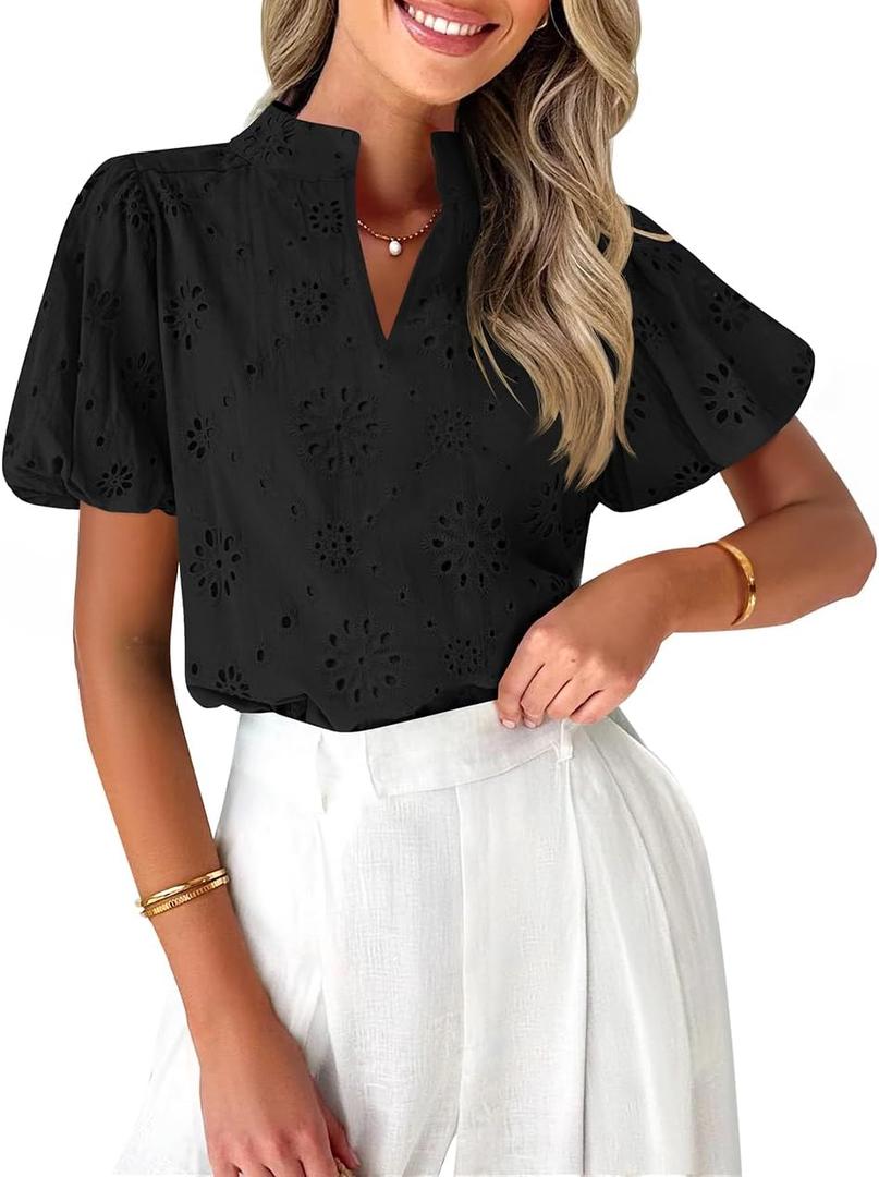 ZESICA Women's Summer Short Puff Sleeve Shirts 2025 V Neck Casual Hollow Out Lace Embroidered Blouse Tops (Black, S)
