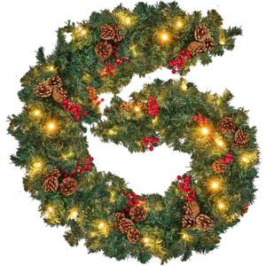 Christmas Garland with Lights, 9FT Christmas Garland for Mantle, Prelit Outdoor Garlands with Red Berries and Pine Cores for Outdoor Indoor Mantle Table Stairs Fireplace Home Christmas Decor (Green)