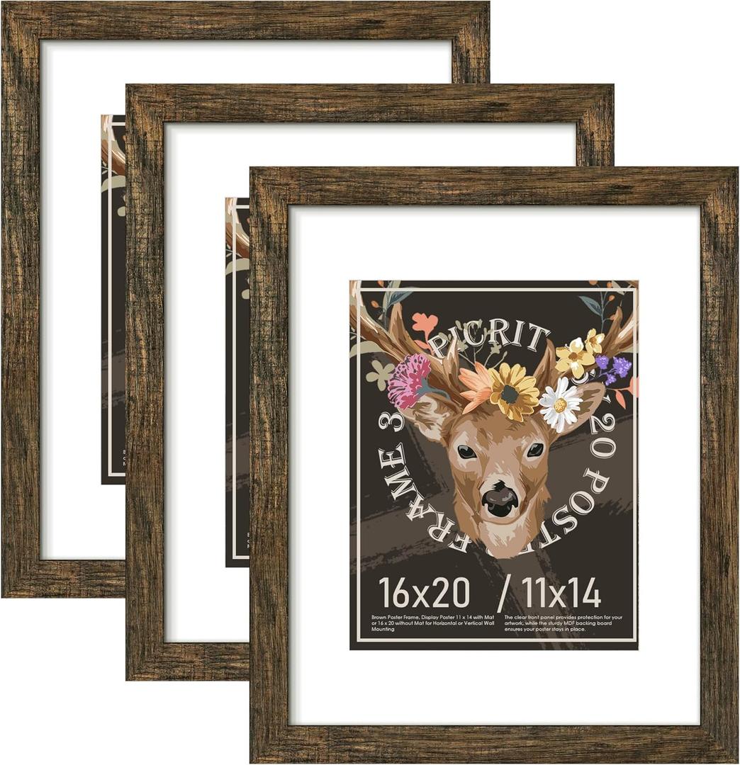 Picrit 16x20 Picture Frame 3 Pack, Brown Poster Frame, Display Poster 11 x 14 with Mat or 16 x 20 without Mat for Horizontal or Vertical Wall Mounting