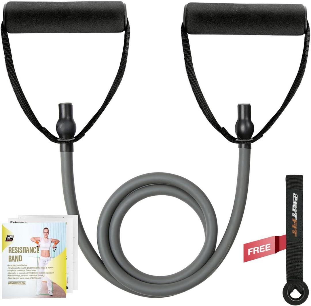 RitFit Single Resistance Exercise Band with Comfortable Handles - Ideal for Physical Therapy, Strength Training, Muscle Toning - Door Anchor and Starter Guide Included (Gray(35-40lbs))