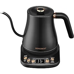 RONGBEST Electric Gooseneck Kettle 1L, 6 Temperature Presets, 1200W Quick Heating Water Pour Over Coffee & Tea Pot with Auto Shutoff & Keepwarm, Stainless Steel Inner & Lid, Matte Black