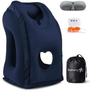 Sunany Travel Pillow, Inflatable Neck Pillow Used for Airplanes/Cars/Buses/Trains/Office Napping with Eye Mask/Earplugs (Blue)