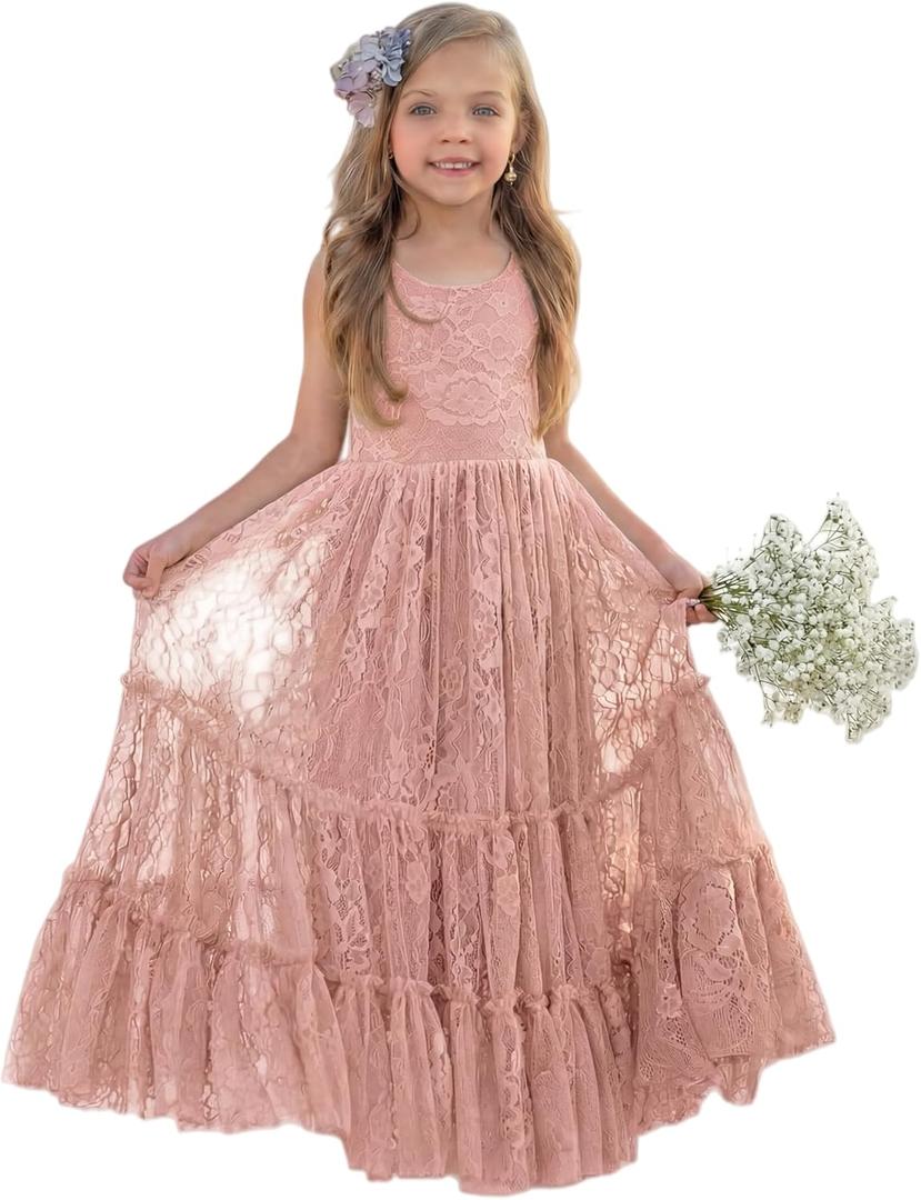 LalaMira Flower Girl Dress Lace Boho Toddler Dresses Ruffle Girl Dress for Wedding Garden Party Holiday Communion Sleeveless (12 Years, Dusty Rose)