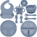 Silicone Baby Feeding Set | Baby Led Weaning Supplies Includes Suction Bowls and Divided Plates, Adjustable Bib, Baby Utensils Spoons and Forks,Cup | Baby Feeding Essentials (Blue Gray)